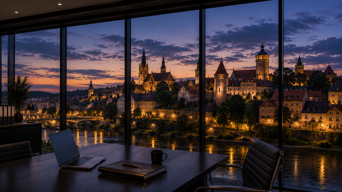Wirtschaftsdetektei Bautzen - diskrete Ermittlungen in Ostsachsen Moderner Konferenzraum mir Blick auf die historische Altstadt von Bautzen und die Spree in der Abenddämmerung. Ermittlungen in Bautzen.