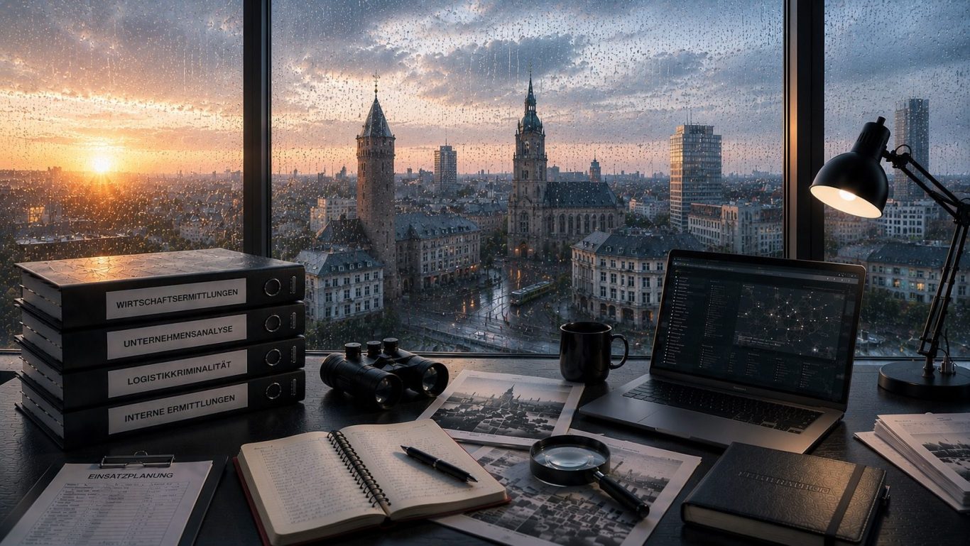 Moderner Ermittlungsarbeitsplatz mit Blick auf Chemnitz bei Sonnenaufgang als Symbol für diskrete Wirtschaftsermittlungen