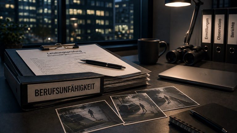 Ermittlungsunterlagen zur Berufsunfähigkeit auf einem Schreibtisch mit Akten und Fotos. 