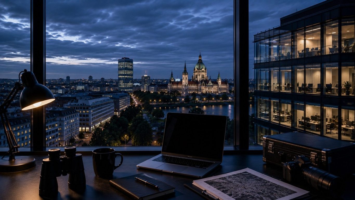 Wirtschaftsdetektei Hannover - diskrete Ermittlungen in Niedersachsen Moderner Konferenzraum mit Blick auf die Stadt Hannover in der Abenddämmerung. Symboldbild für diskrete Wirtschaftsermittlungen in Hannover.
