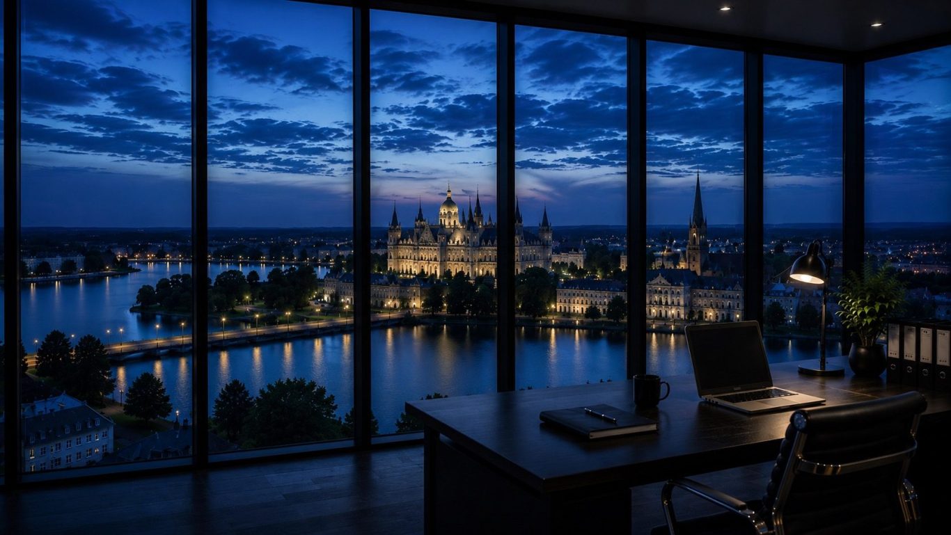 Wirtschaftsdetektei Schwerin - diskrete Ermittlungen in Mecklenburg-Vorpommern Moderner Konferenzraum mit Blick auf die Stadt Schwerin, das Schweriner Schloss und die Seenlandschaft.