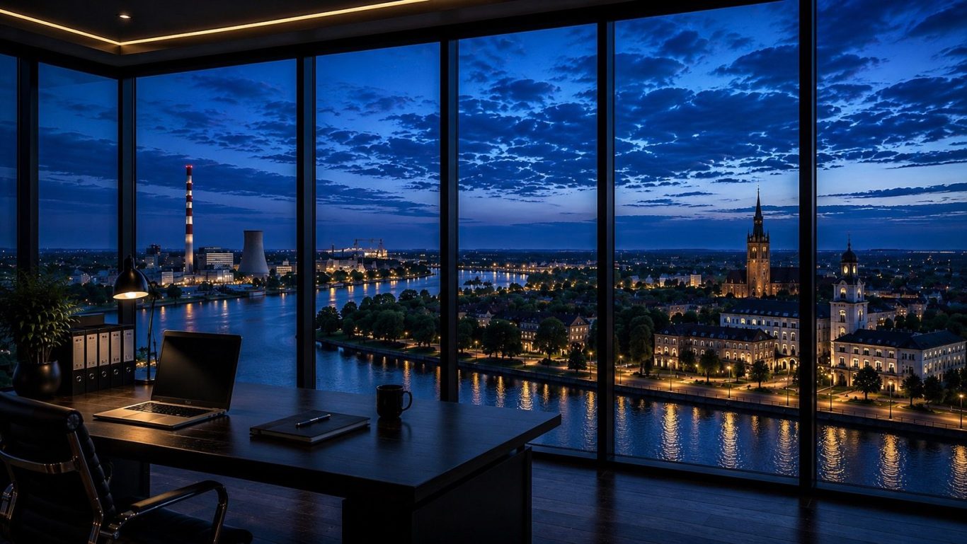 Wirtschaftsdetektei Schwedt (Oder) - diskrete Ermittlungen in Brandenburg Moderner Konferenzraum mit Blick auf Schwedt (Oder), und den Industriestandort bei Abenddämmerung.