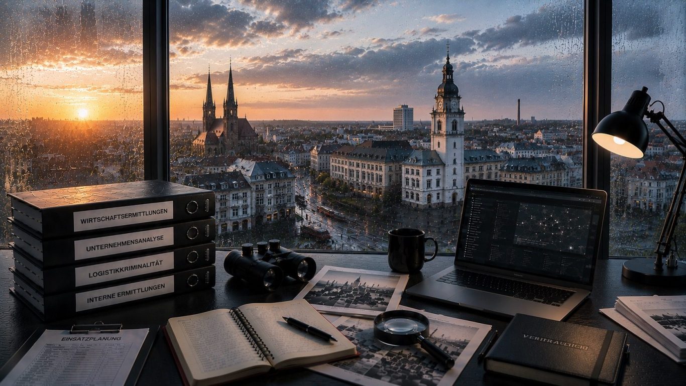 Moderner Ermittlungsarbeitsplatz mit Blick auf Zwickau bei Sonnenaufgang als Symbol für diskrete Wirtschaftsermittlungen
