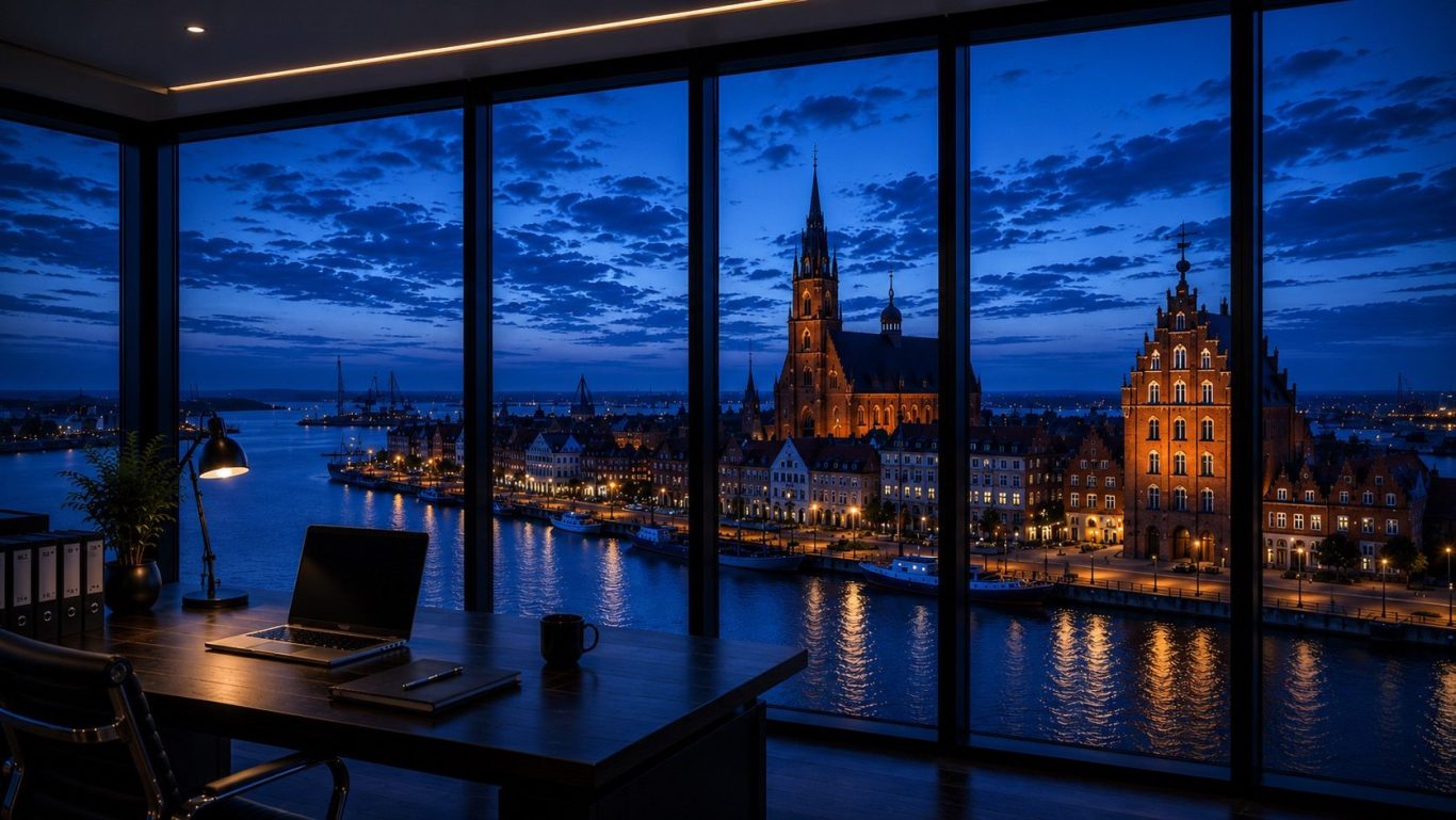 Moderner Konferenzraum mit Blick auf die Hansestadt Stralsund bei Abenddämmerung. 