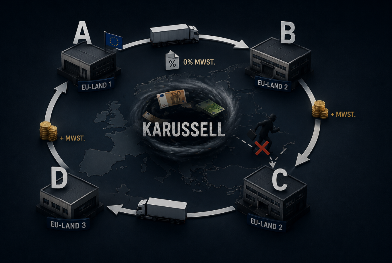 Umsatzsteuerkarussell Schematische Darstellung eines Umsatzsteuerkarussells im Bereich organisierter Wirtschaftskriminalität