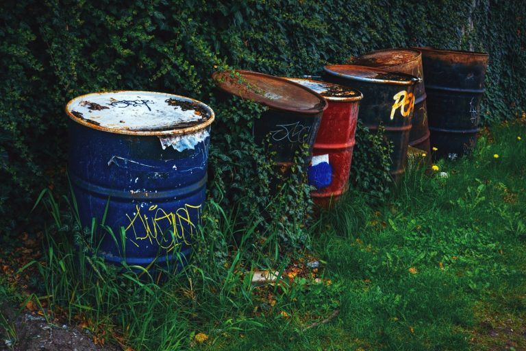 Bunte, verrostete Öltonnen stehen entlang einer grünen Wiese, teilweise bedeckt mit Laub.