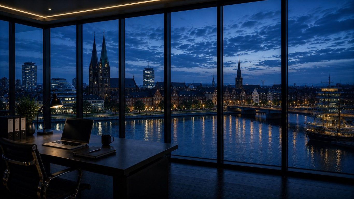 Diskrete Ermittlungen für Unternehmen in Bremen Moderner Konferenzraum mit Blick auf Bremen und die Weser bei Abenddämmerung. Symbolbild für diskrete Ermittlungen in Bremen.