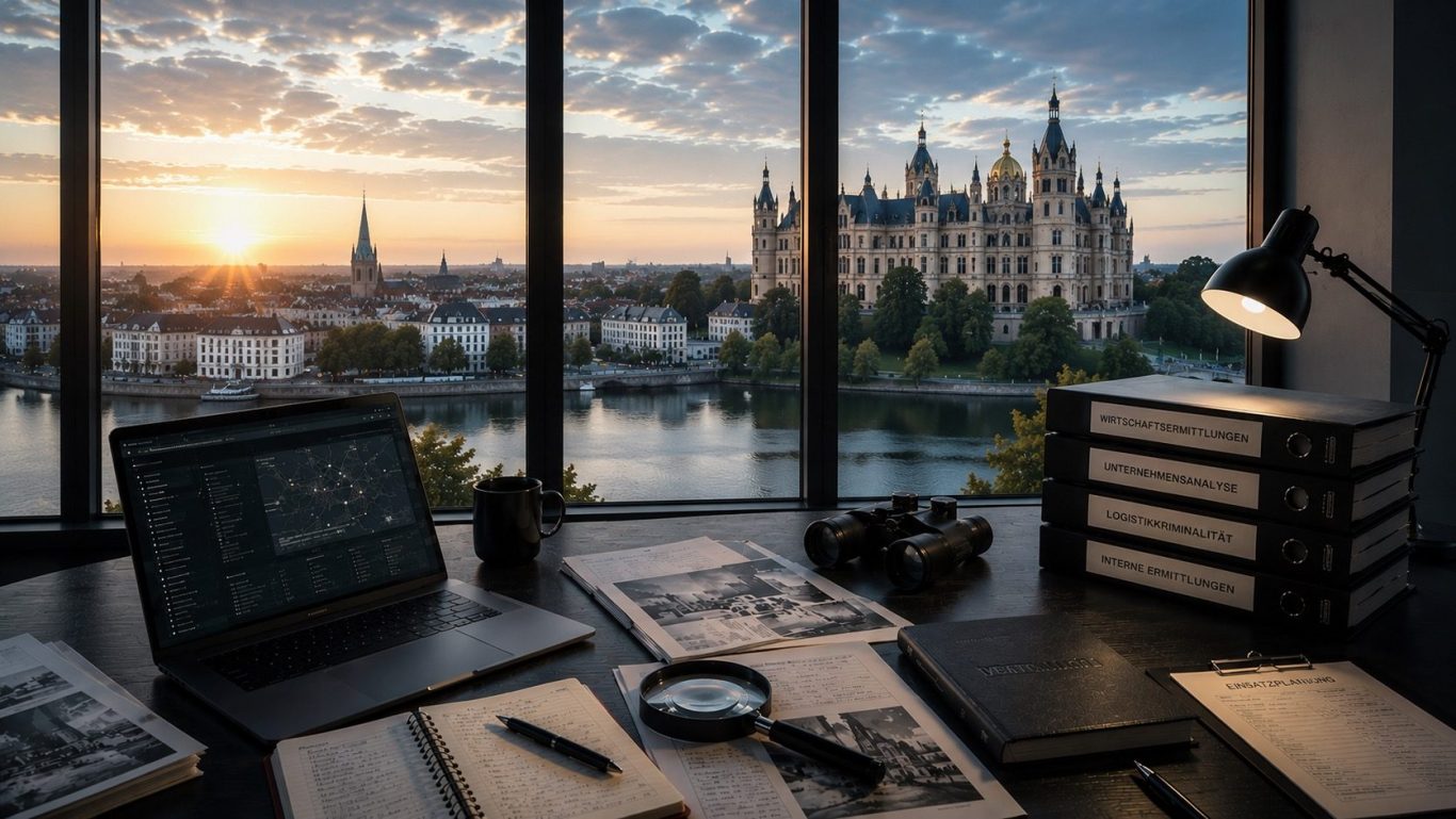 Moderner Ermittlungsarbeitsplatz mit Blick auf Schwerin bei Sonnenaufgang als Symbol für diskrete Wirtschaftsermittlungen