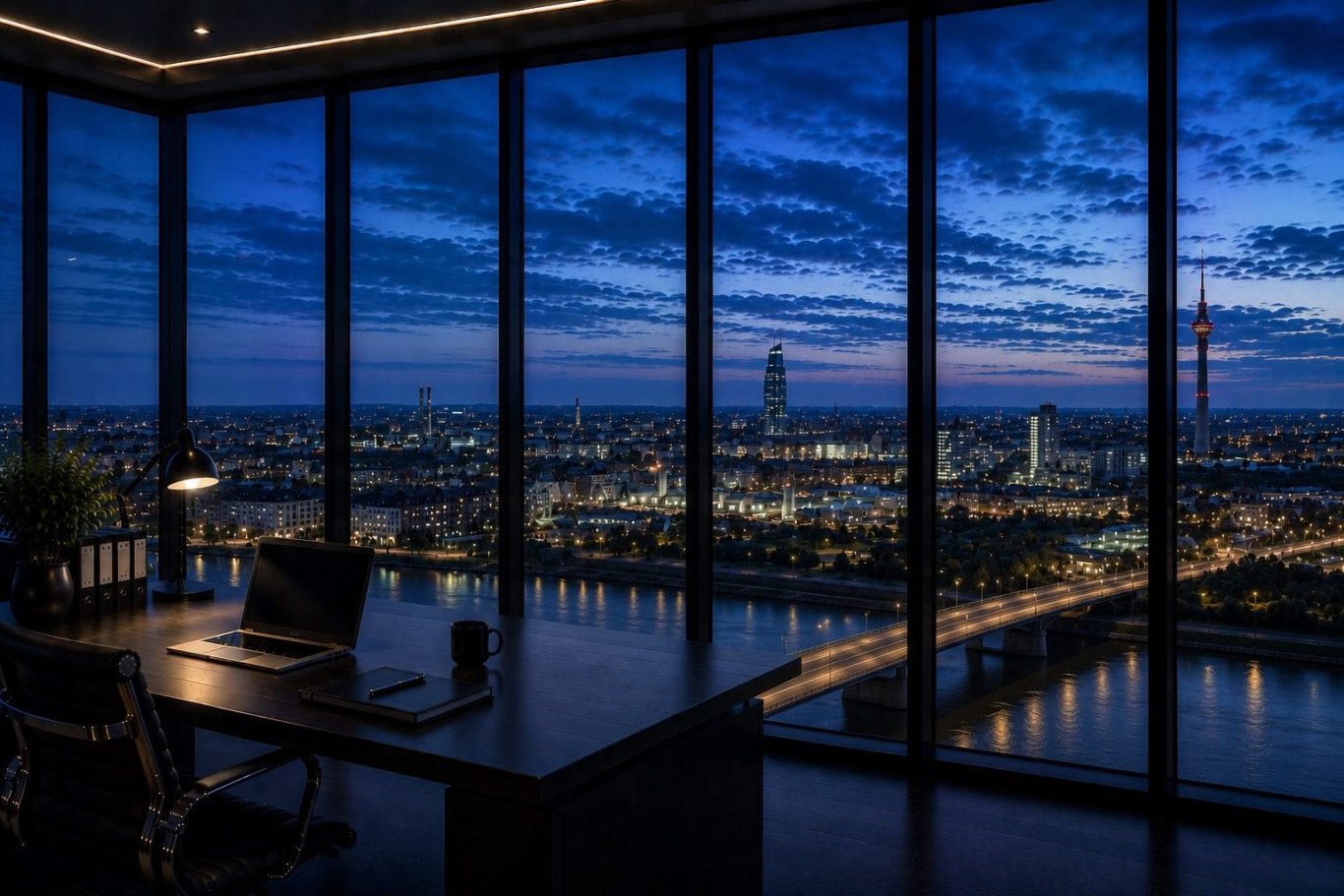 Wirtschaftsdetektei Ludwigshafen - diskrete Ermittlungen in Rheinland-Pfalz Moderner Konferenzraum mit Blick auf die Stadt Ludwigshafen in der Abenddämmerung. Symboldbild für diskrete Ermittlungen in Ludwigshafen.