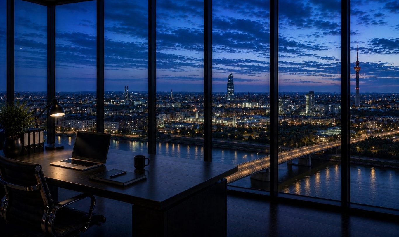 Moderner Konferenzraum mit Blick auf die Stadt Ludwigshafen in der Abenddämmerung. Symboldbild für diskrete Ermittlungen in Ludwigshafen. 
