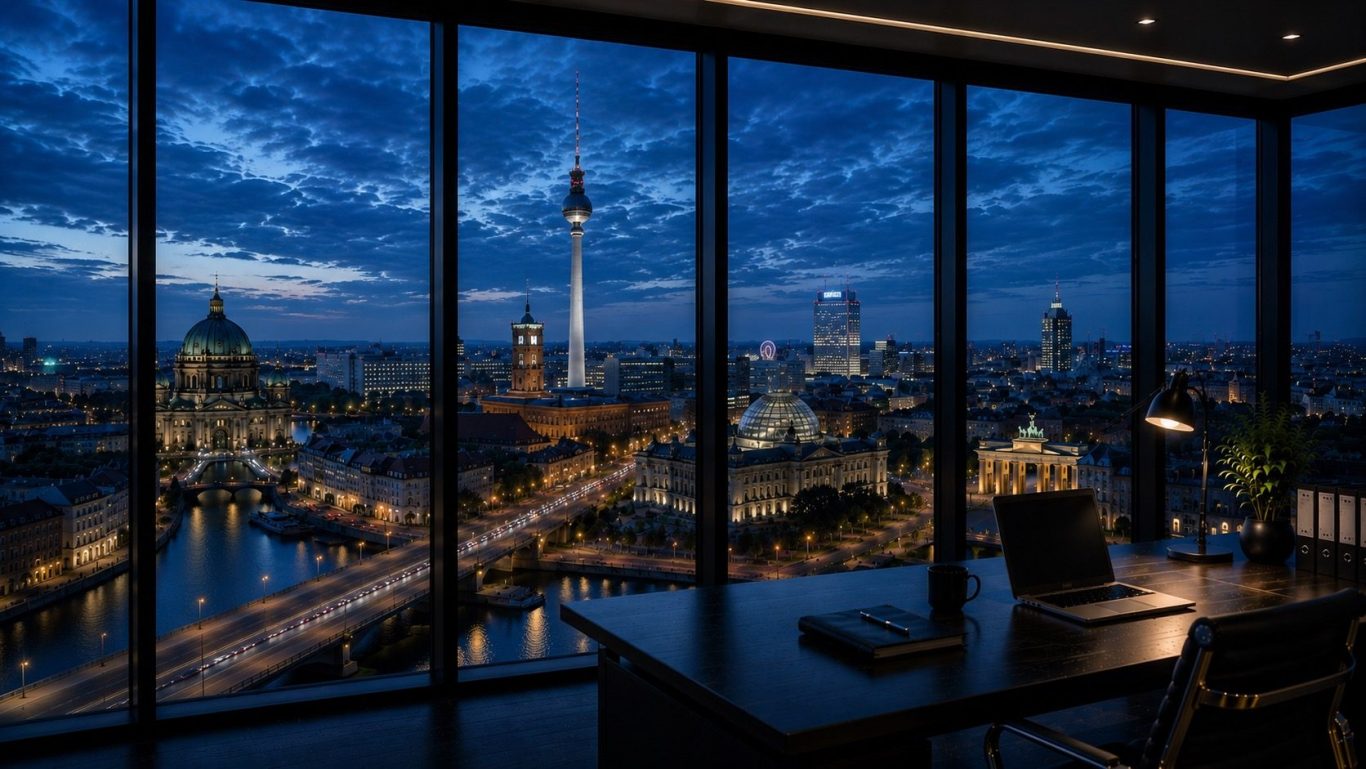 Wirtschaftsdetektei Berlin - diskrete Ermittlungen in der Hauptstadt Moderner Konferenzraum mit Blick auf die Berliner Skyline bei Abenddämmerung.