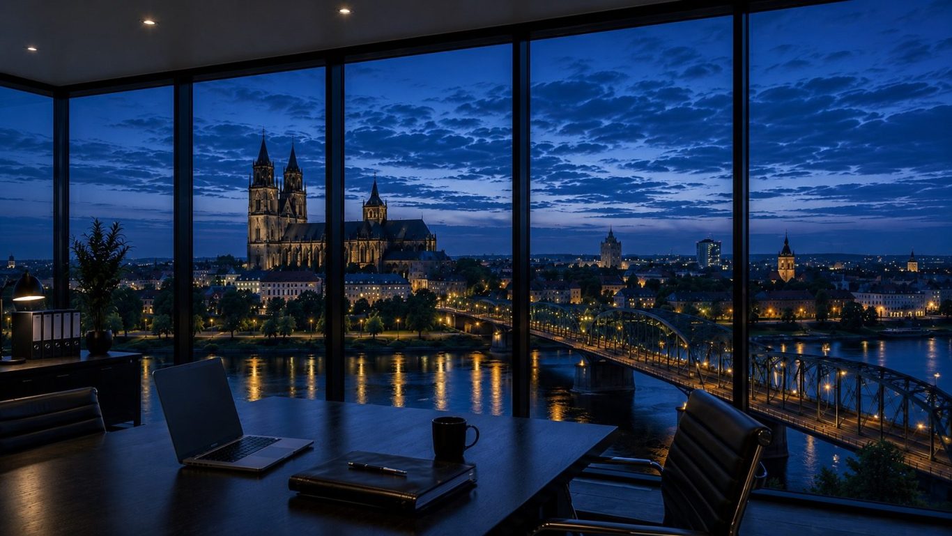 Wirtschaftsdetektei Magdeburg - diskrete Ermittlungen in Sachsen-Anhalt Konferenzraum mit Blick auf den Magdeburger Dom und die Elbe in der Abenddämmerung. Diskrete Ermittlungen in Magdeburg und Sachsen-Anhalt.