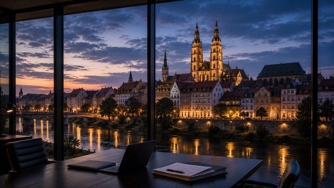 Wirtschaftsdetektei Görlitz - diskrete Ermittlungen in Ostsachsen Konferenzraum mit Blick auf die historische Altstadt von Görlitz und die Türme von St. Peter und Paul an der Neiße in der Abenddämmerung.