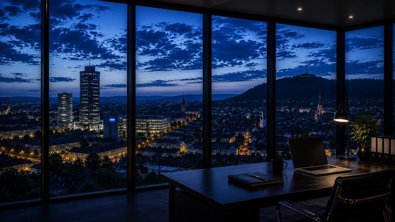 Wirtschaftsdetektei Jena - diskrete Ermittlungen in Thüringen Moderner Konferenzraum mit Blick auf die Stadt Jena bei Abenddämmerung. Symbolbild für diskrete Ermittlungen in Jena und Thüringen.