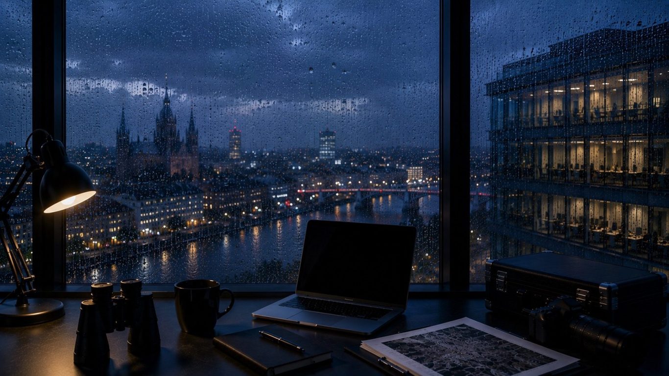 Moderner Konferenzraum mit Blick auf die Stadt Mainz in der Abenddämmerung. Symboldbild für diskrete Wirtschaftsermittlungen in Mainz. 