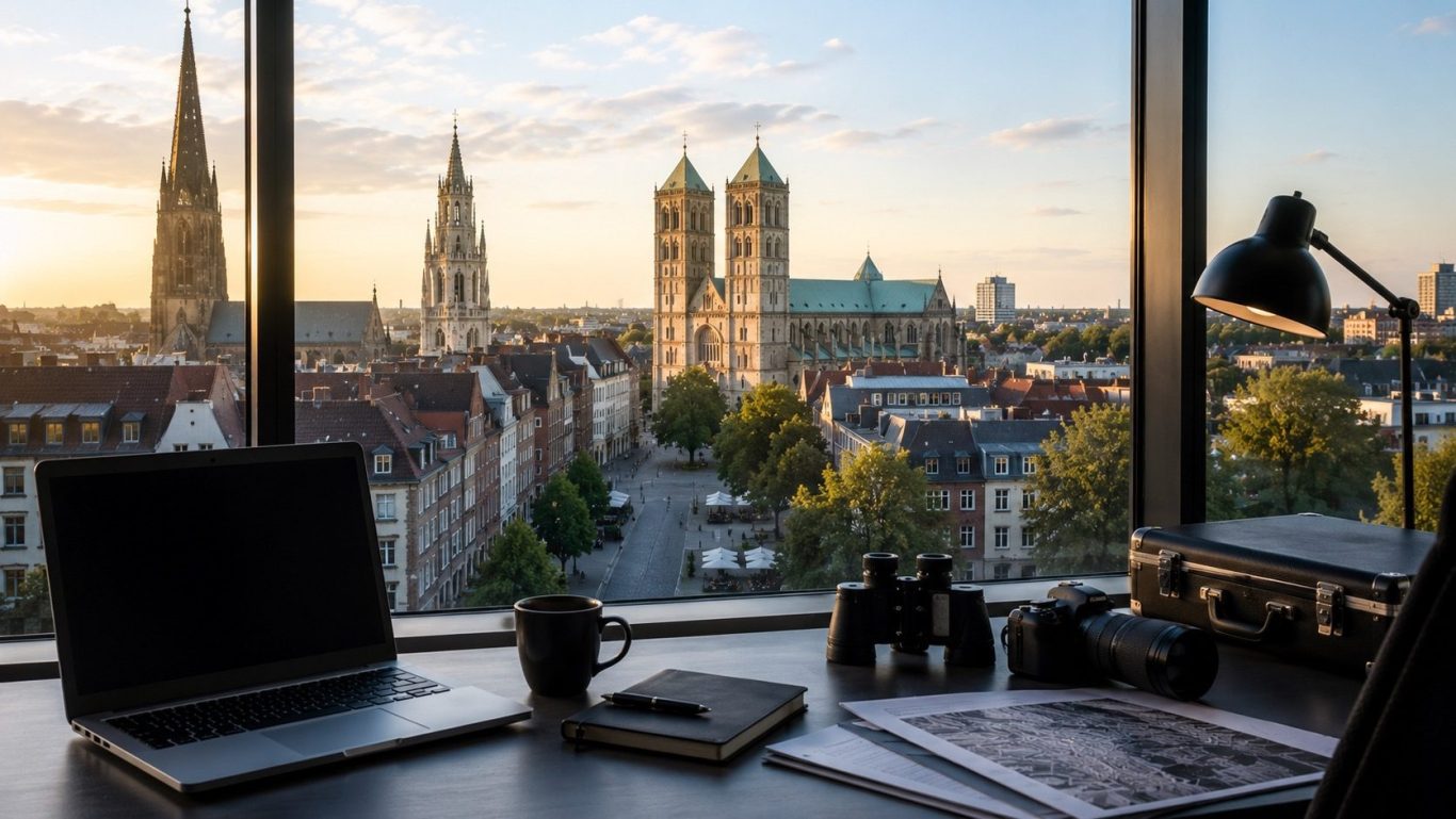 Wirtschaftsermittlungen Münster | Wirtschaftsdetektei Schipp Moderner Ermittlungsarbeitsplatz mit Blick auf Münster bei Sonnenaufgang als Symbol für diskrete Wirtschaftsermittlungen