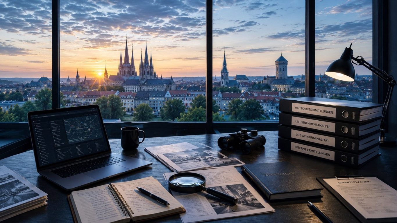 Wirtschaftsermittlungen Erfurt - Wirtschaftsdetektei Schipp Moderner Ermittlungsarbeitsplatz mit Blick auf Erfurt bei Sonnenaufgang als Symbol für diskrete Wirtschaftsermittlungen