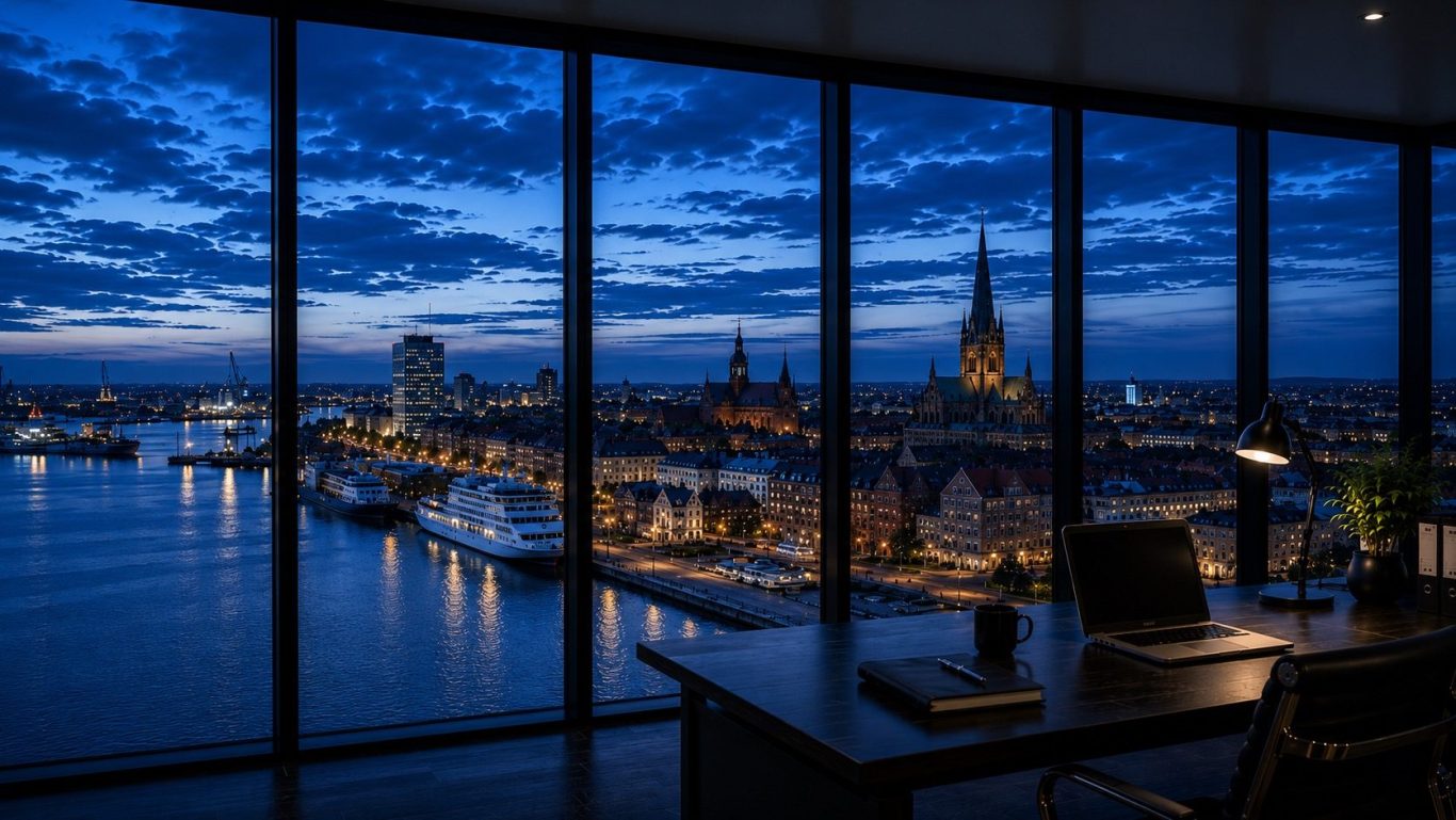 Wirtschaftsdetektei Rostock - diskrete Ermittlungen in Mecklenburg-Vorpommern Moderner Konferenzraum mit Blick auf die Hansestadt Rostock bei Abenddämmerung.