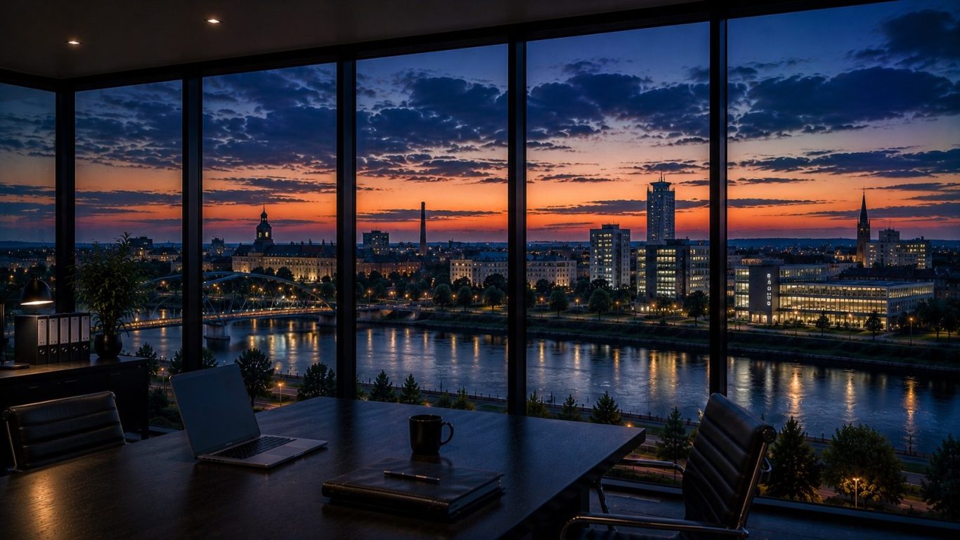 Wirtschaftsdetektei Dessau-Roßlau - diskrete Ermittlungen in Sachsen-Anhalt Moderner Konferenzraum mit Blick auf die Elbe und die Stadt Dessau-Roßlau in der Abenddämmerung. Diskrete Ermittlungen in Dessau-Roßlau