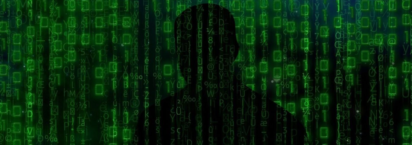 Silhouette einer Person vor einem Hintergrund aus grünen Binärzahlen.