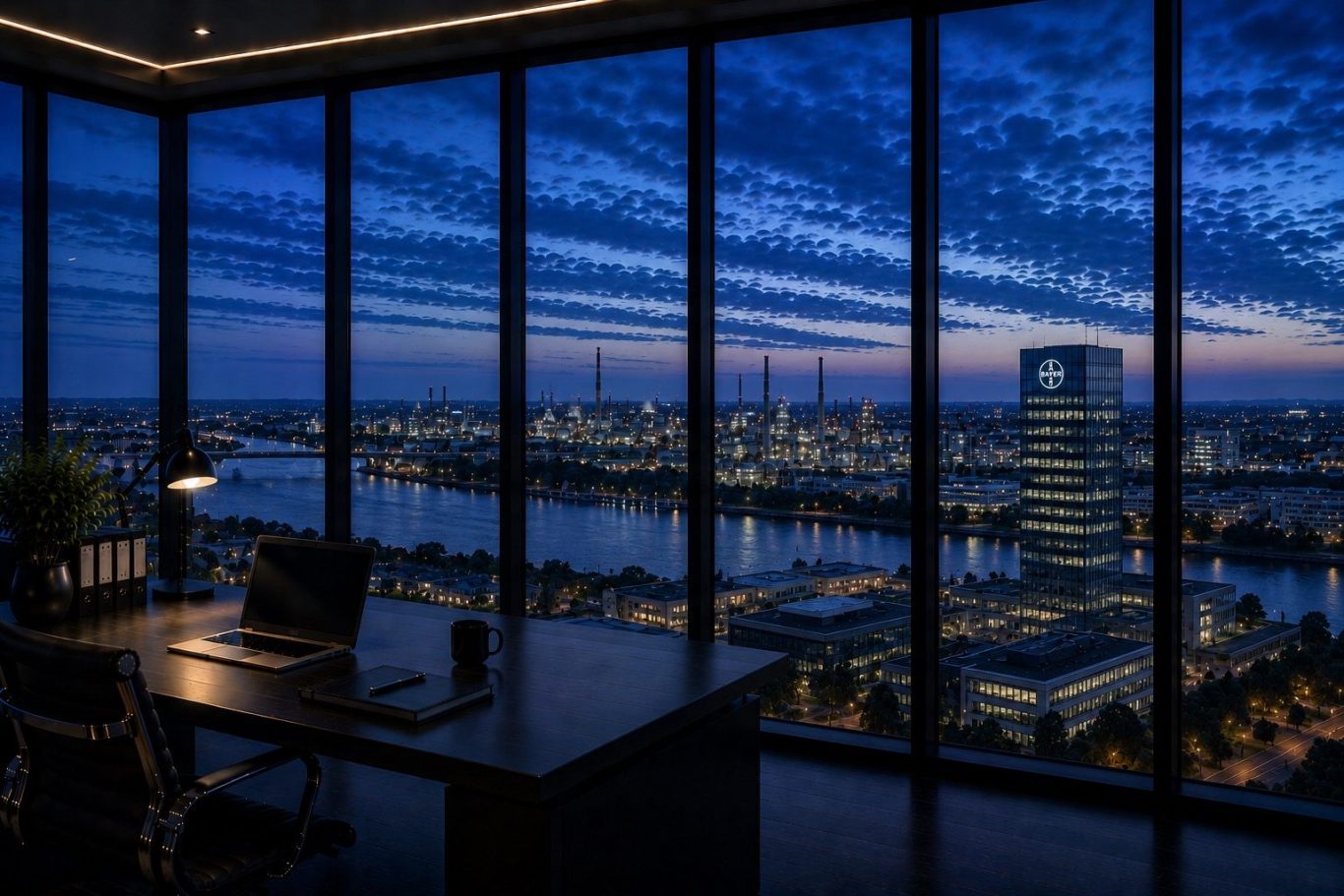Wirtschaftsdetektei Leverkusen - diskrete Ermittlungen in Nordrhein-Westfalen Moderner Konferenzraum mit Blick auf die Stadt Leverkusen in der Abenddämmerung. Symboldbild für diskrete Ermittlungen in Leverkusen.