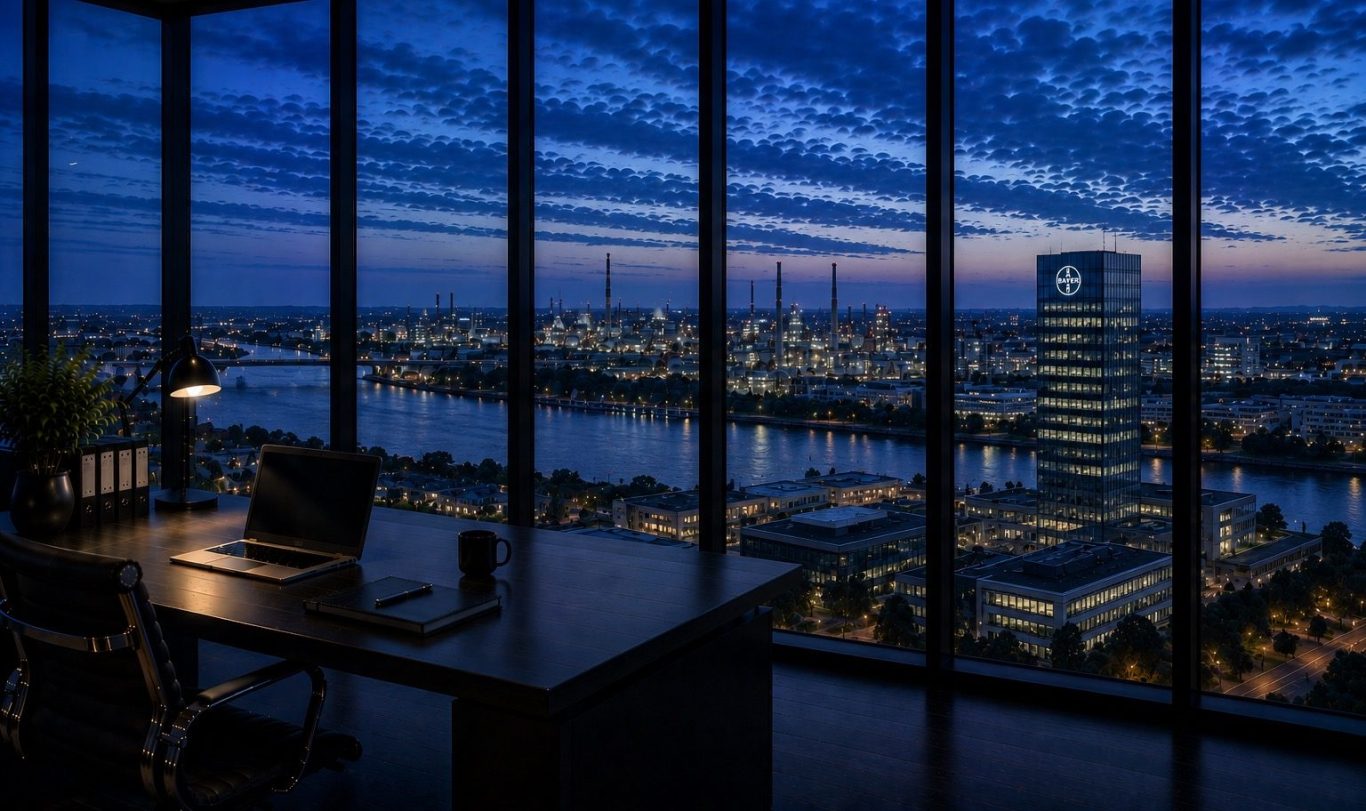 Moderner Konferenzraum mit Blick auf die Stadt Leverkusen in der Abenddämmerung. Symboldbild für diskrete Ermittlungen in Leverkusen. 