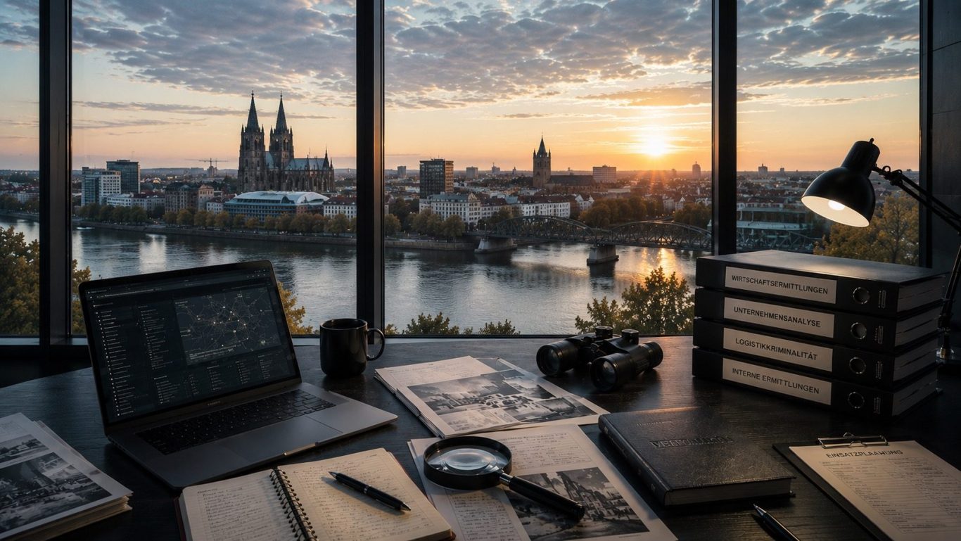 Wirtschaftsermittlungen Magdeburg - Wirtschaftsdetektei Schipp Moderner Ermittlungsarbeitsplatz mit Blick auf Magdeburg bei Sonnenaufgang als Symbol für diskrete Wirtschaftsermittlungen