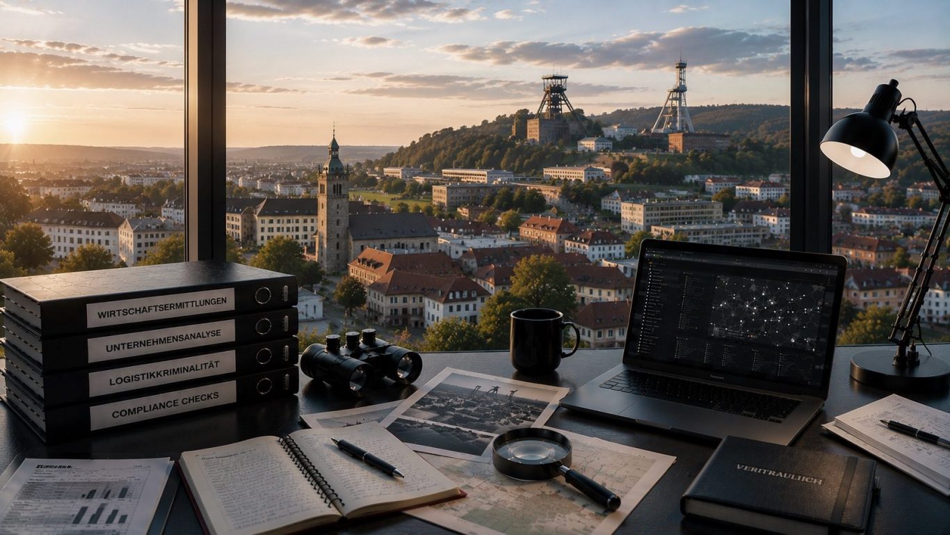 Wirtschaftsermittlungen Sangerhausen - Wirtschaftsdetektei Schipp Moderner Ermittlungsarbeitsplatz mit Blick auf Sangerhausen bei Sonnenaufgang als Symbol für diskrete Wirtschaftsermittlungen