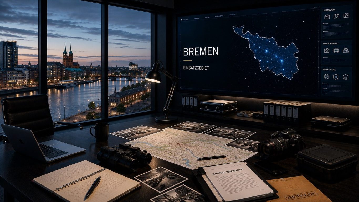 Wirtschaftsdetektei Bremen Moderner Ermittlungs- und Einsatzraum für diskrete Wirtschaftsermittlungen im gesamten Bundesland Bremen.