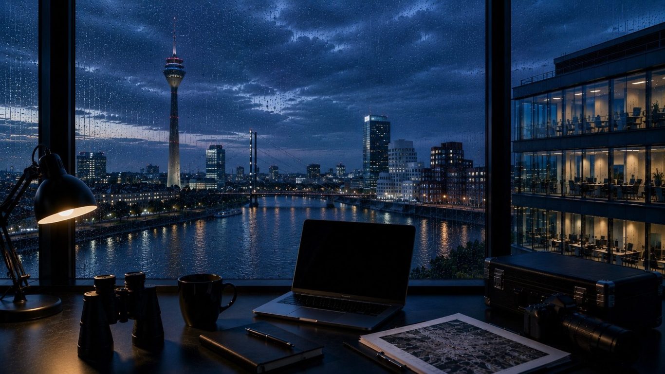 Wirtschaftsdetektei Düsseldorf - diskrete Ermittlungen in Nordrhein-Westfalen Moderner Konferenzraum mit Blick auf die Stadt Düsseldorf in der Abenddämmerung. Symboldbild für diskrete Ermittlungen in Düsseldorf.