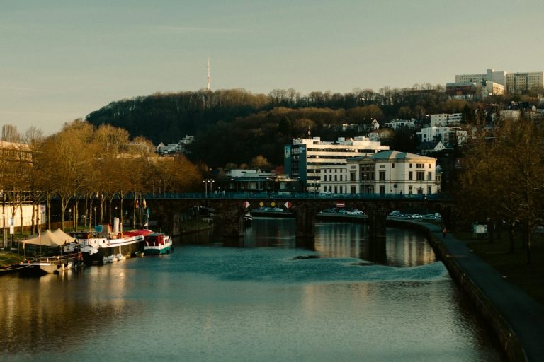 Saarbrückent mit Fluss, Brücke und Bäumen im warmen Licht der Abenddämmerung.