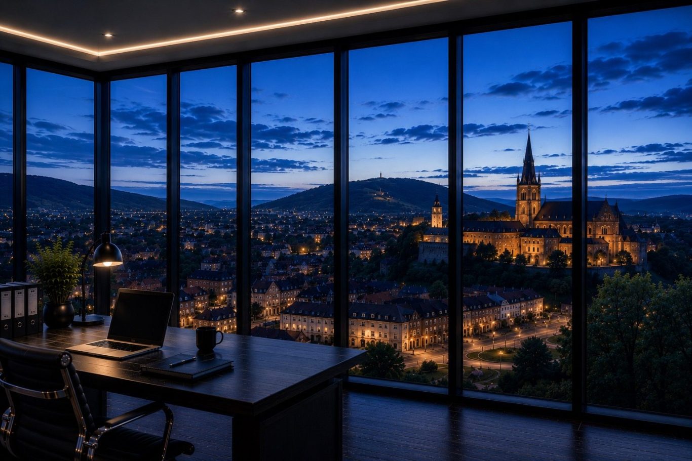 Moderner Konferenzraum mit Blick auf die Stadt Sangerhausen bei Abenddämmerung. 