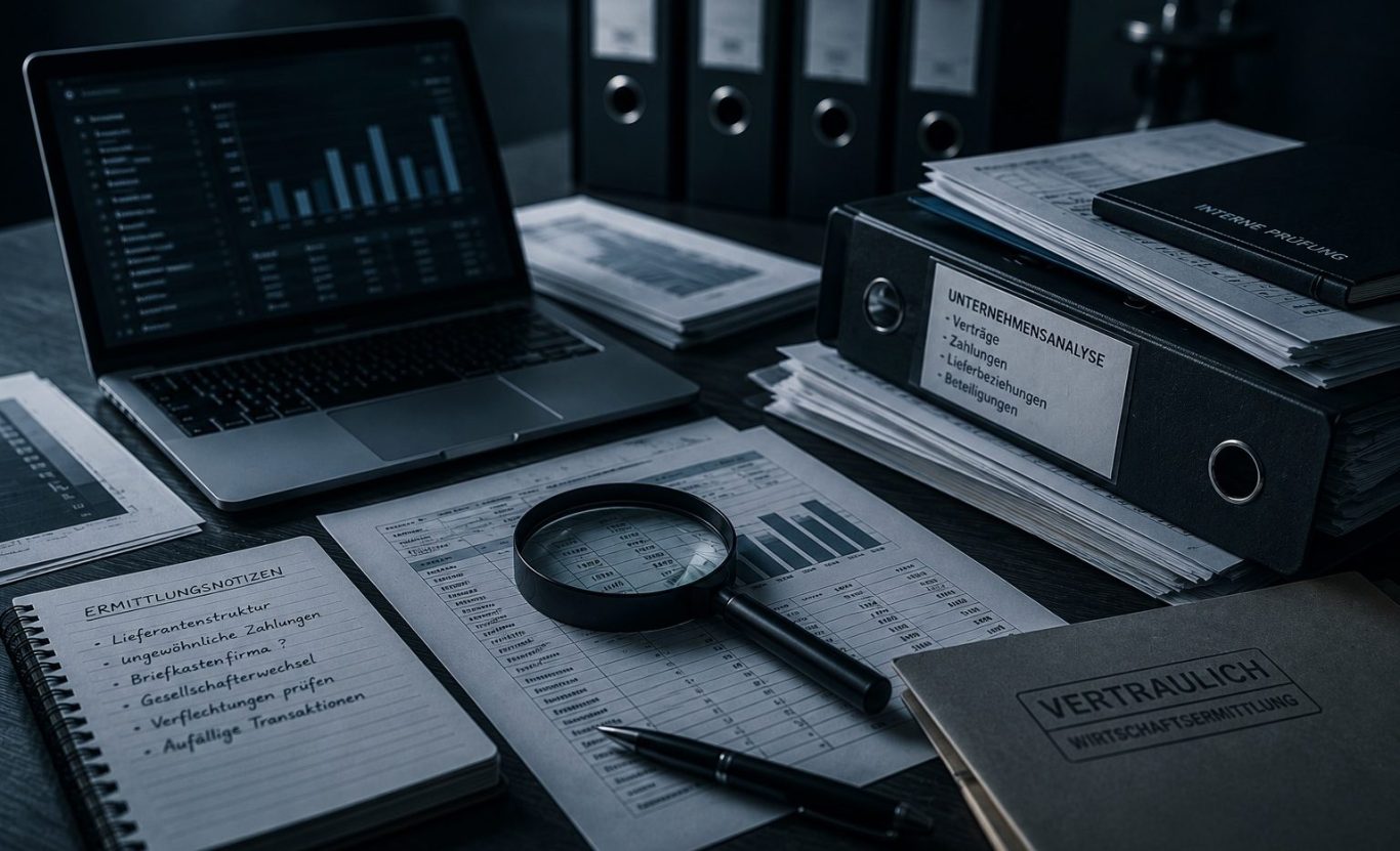 Unterlagen, Geschäftsakten und Analysewerkzeuge zur Aufdeckung wirtschaftskrimineller Sachverhalte.