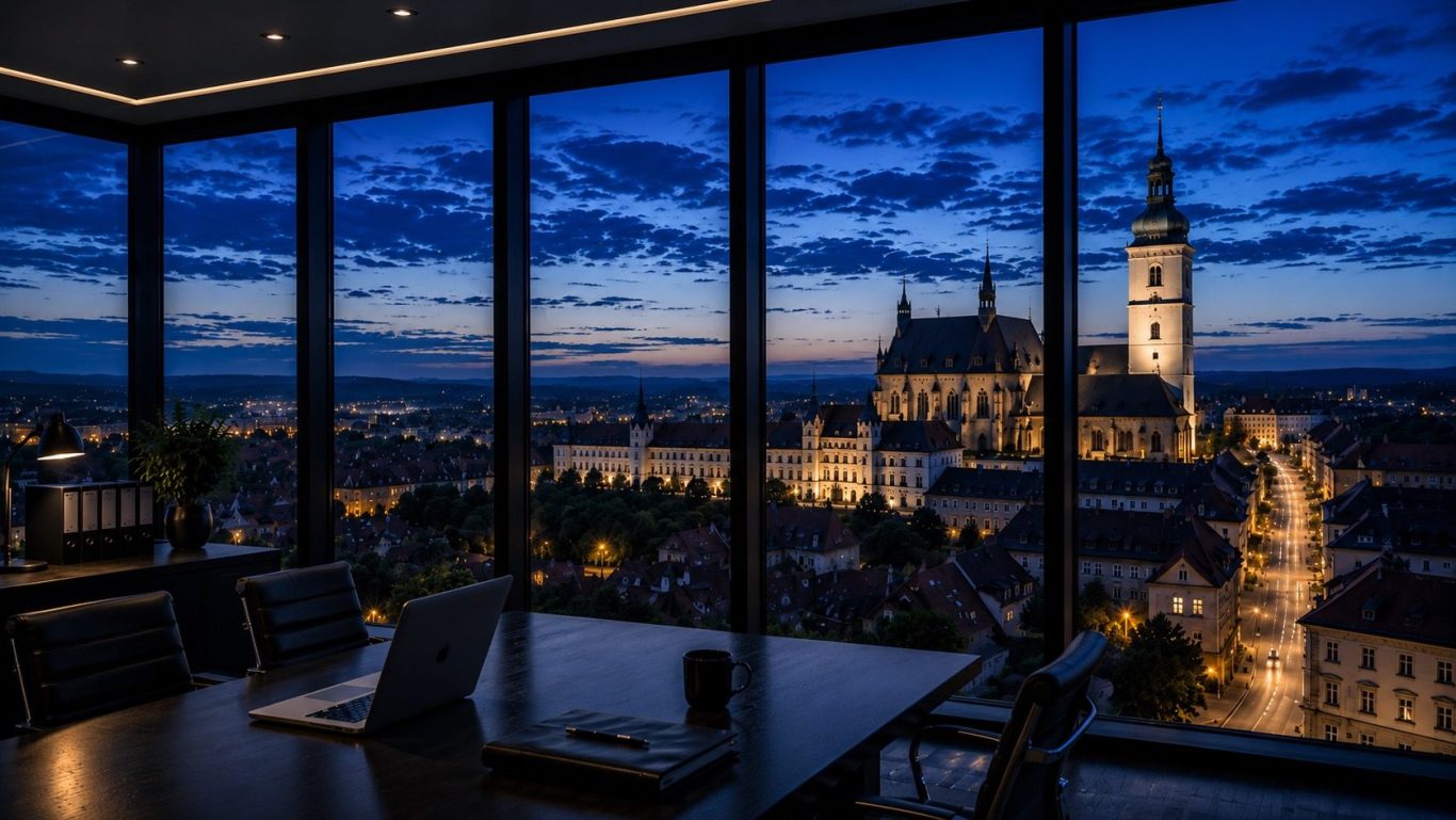 Blick auf den Freiberger Dom und die historische Altstadt von Freiberg in der Abenddämmerung. Ermittlungen in Freiberg und dem Erzgebirge. 
