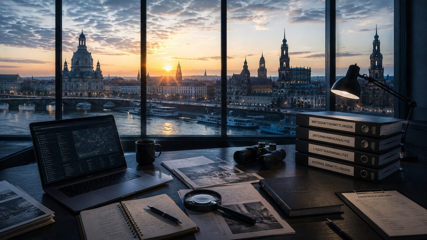 Wirtschaftsermittlungen Dresden - Wirtschaftsdetektei Schipp Moderner Ermittlungsarbeitsplatz mit Blick auf Dresden bei Sonnenaufgang als Symbol für diskrete Wirtschaftsermittlungen.