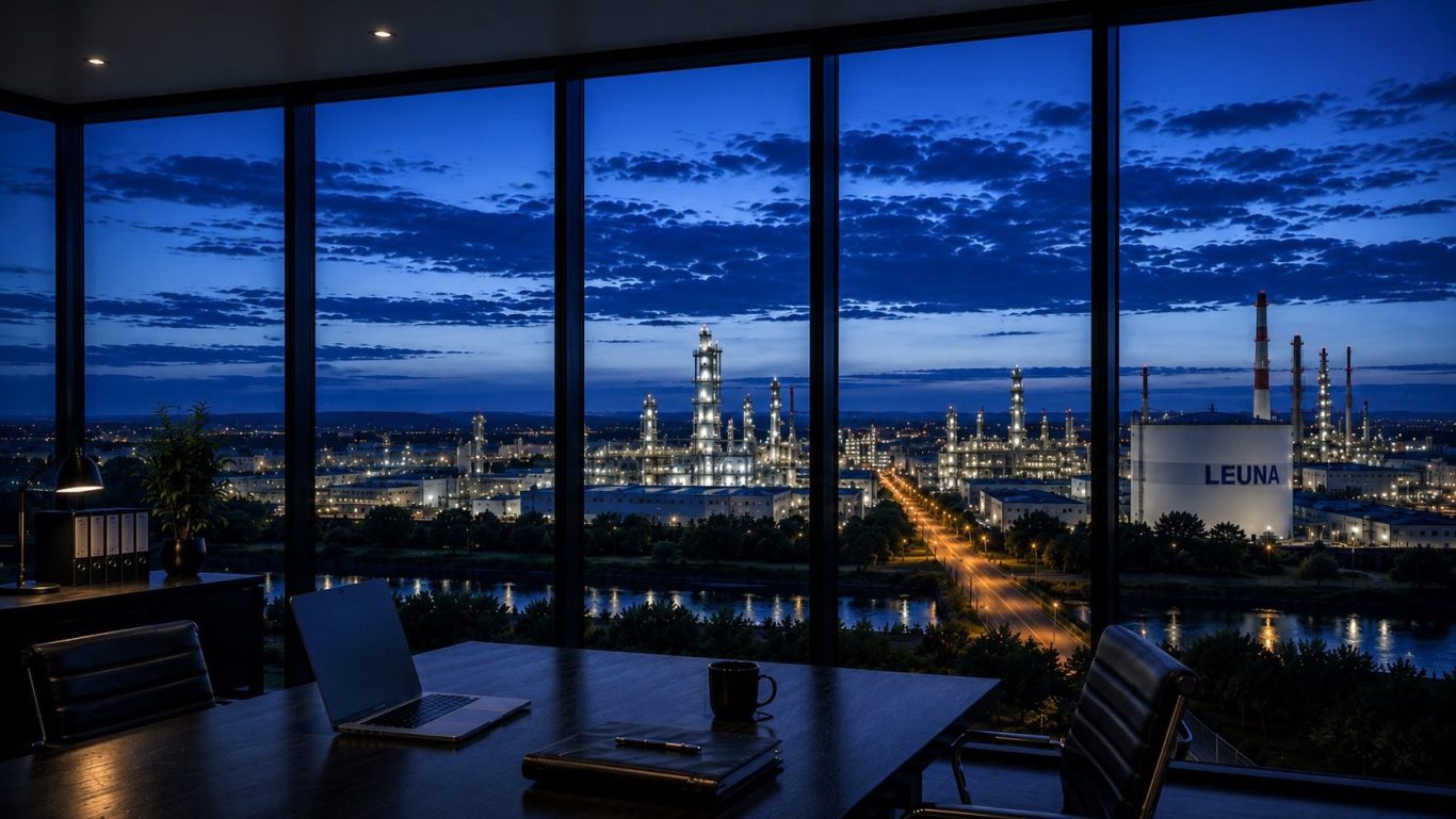 Wirtschaftsdetektei Leuna - diskrete Ermittlungen im Chemiedreieck Konferenzraum mit Blick auf den Chemiestandort Leuna in der Abenddämmerung. Symbolbild für diskrete Wirtschaftsermittlungen in Leuna.