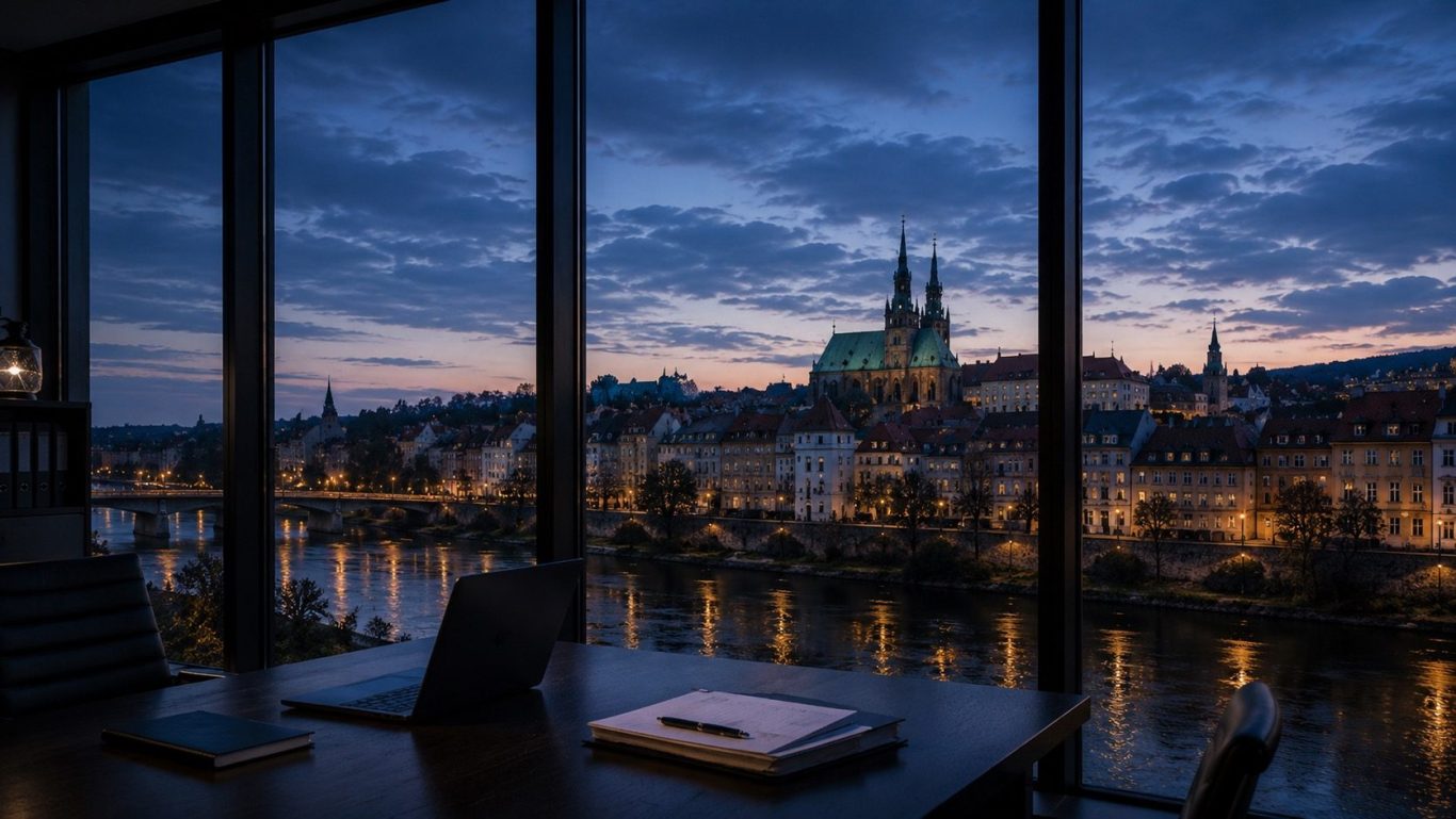 Wirtschaftsdetektei Görlitz - diskrete Ermittlungen in Ostsachsen Konferenzraum mit Blick auf die historische Altstadt von Görlitz und die Türme von St. Peter und Paul an der Neiße in der Abenddämmerung.