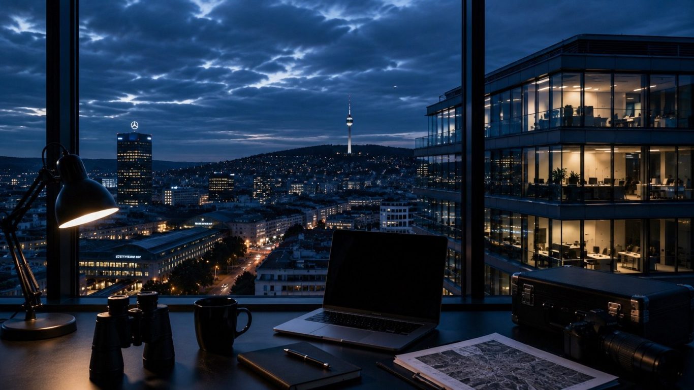 Wirtschaftsdetektei Stuttgart - diskrete Ermittlungen in Baden-Württemberg Moderner Konferenzraum mit Blick auf die Stadt Stuttgart in der Abenddämmerung. Symboldbild für diskrete Ermittlungen in Stuttgart.