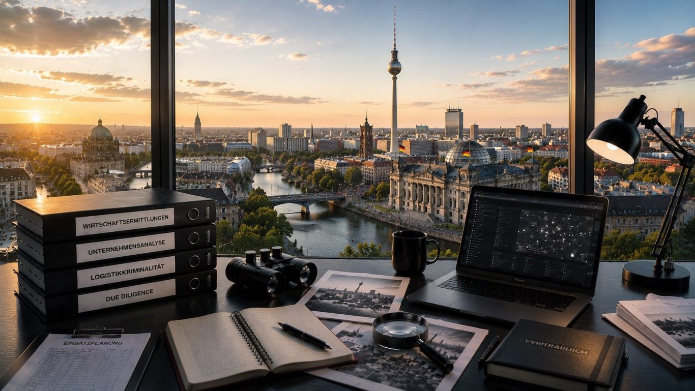 Moderner Ermittlungsarbeitsplatz mit Blick auf Hauptstadt Berlin bei Sonnenaufgang als Symbol für diskrete Wirtschaftsermittlungen