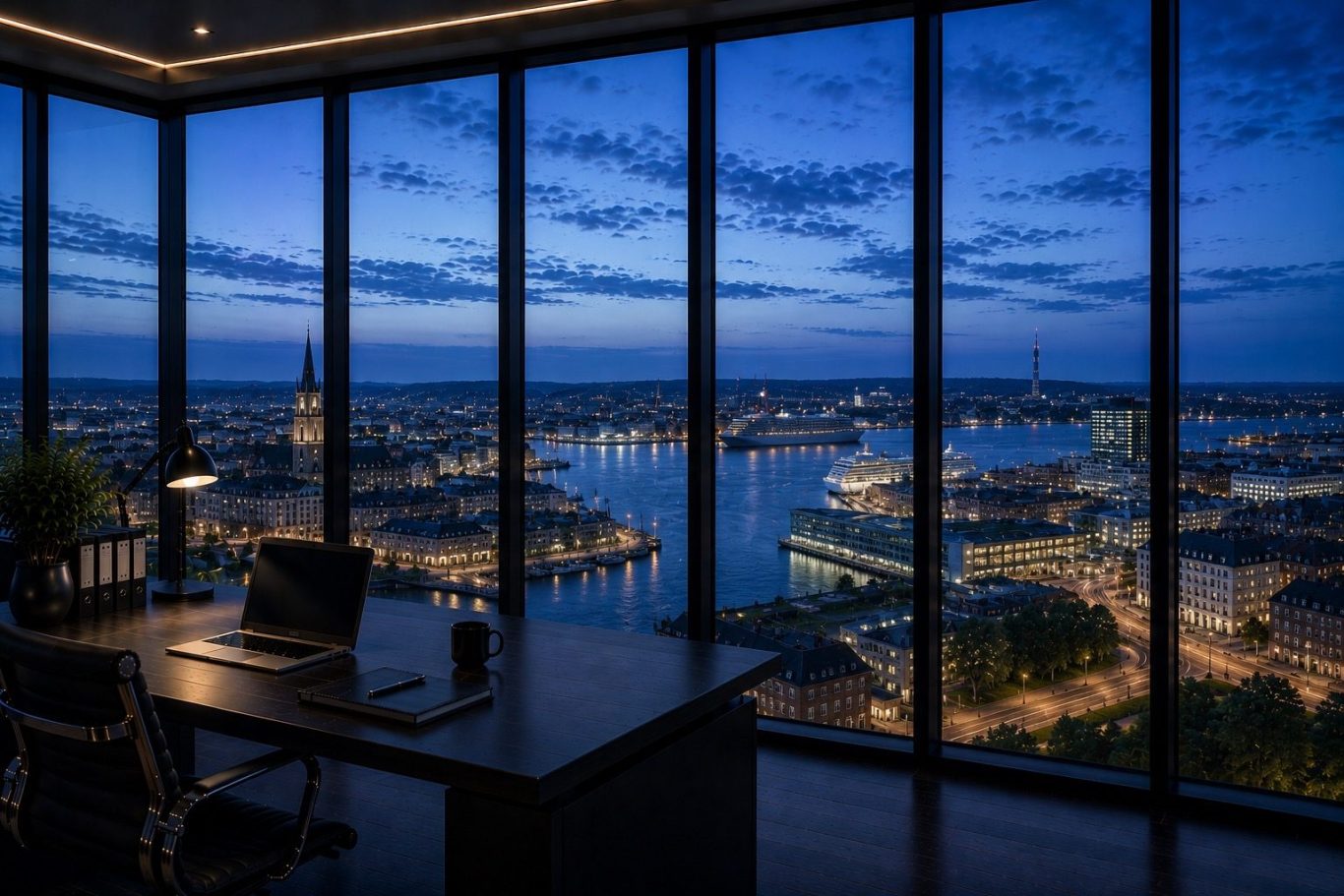 Moderner Konferenzraum mit Blick auf die Stadt Kiel in der Abenddämmerung. Symboldbild für diskrete Wirtschaftsermittlungen in Kiel. 