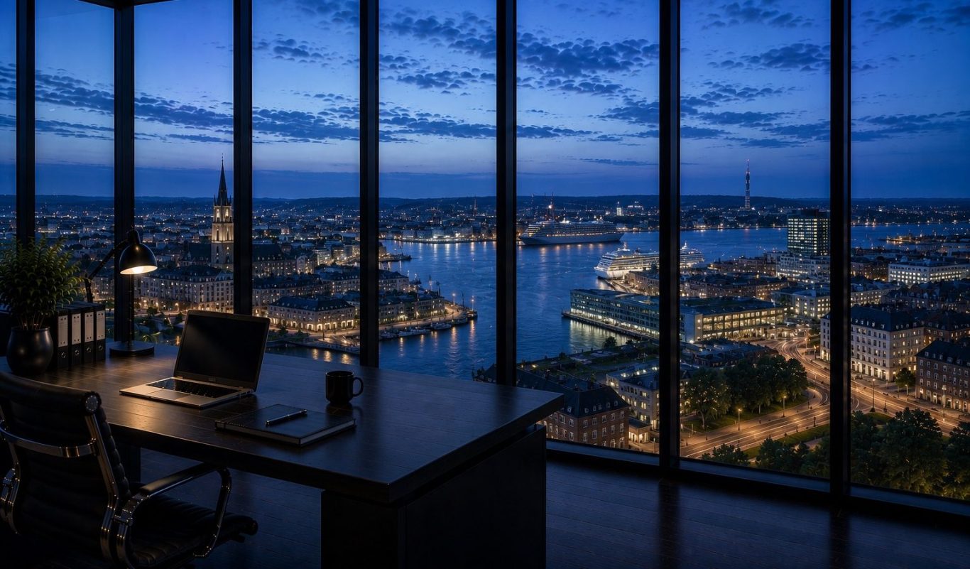 Wirtschaftsdetektei Kiel - diskrete Ermittlungen in Schleswig-Holstein Moderner Konferenzraum mit Blick auf die Stadt Kiel in der Abenddämmerung. Symboldbild für diskrete Wirtschaftsermittlungen in Kiel.