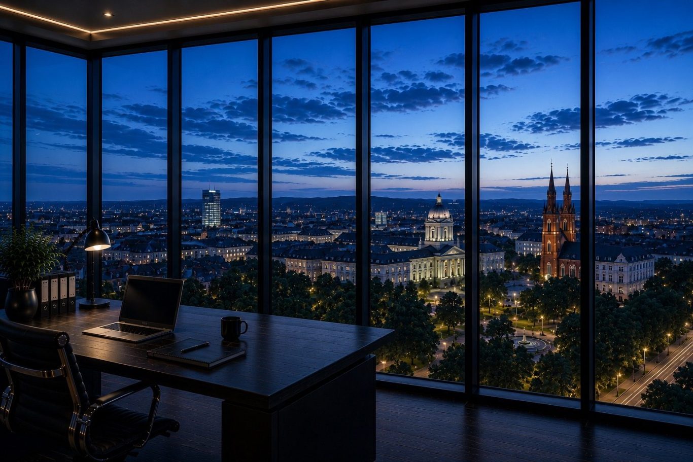 Wirtschaftsdetektei Wiesbaden - diskrete Ermittlungen in Hessen Moderner Konferenzraum mit Blick auf die Stadt Wiesbaden in der Abenddämmerung. Symboldbild für diskrete Ermittlungen in Wiesbaden.