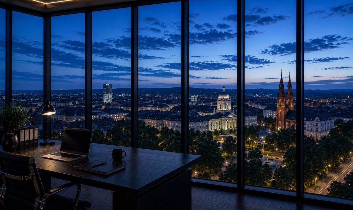 Moderner Konferenzraum mit Blick auf die Stadt Wiesbaden in der Abenddämmerung. Symboldbild für diskrete Ermittlungen in Wiesbaden. 