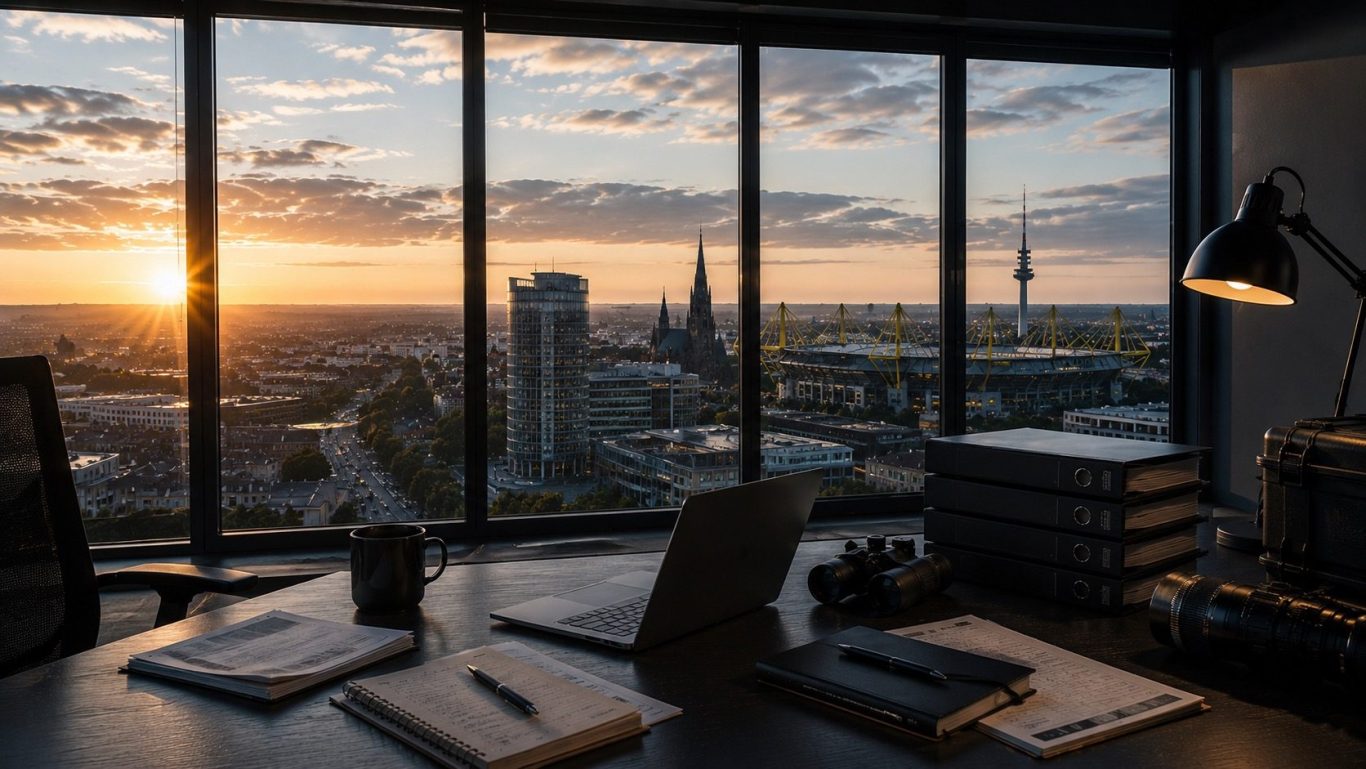 Wirtschaftsermittlungen Dresden - Wirtschaftsdetektei Schipp Moderner Ermittlungsarbeitsplatz mit Blick auf Dresden bei Sonnenaufgang als Symbol für diskrete Wirtschaftsermittlungen.