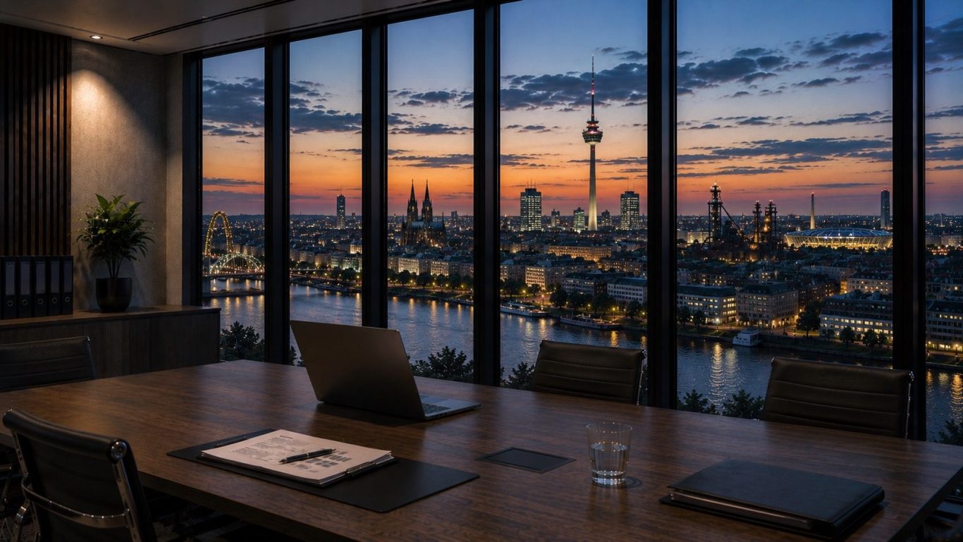 Ermittlungen für Kommunen in Nordrhein-Westfalen Moderner Verwaltungstrakt mit Blick auf Nordrhein-Westfalen in der blauen Stunde.